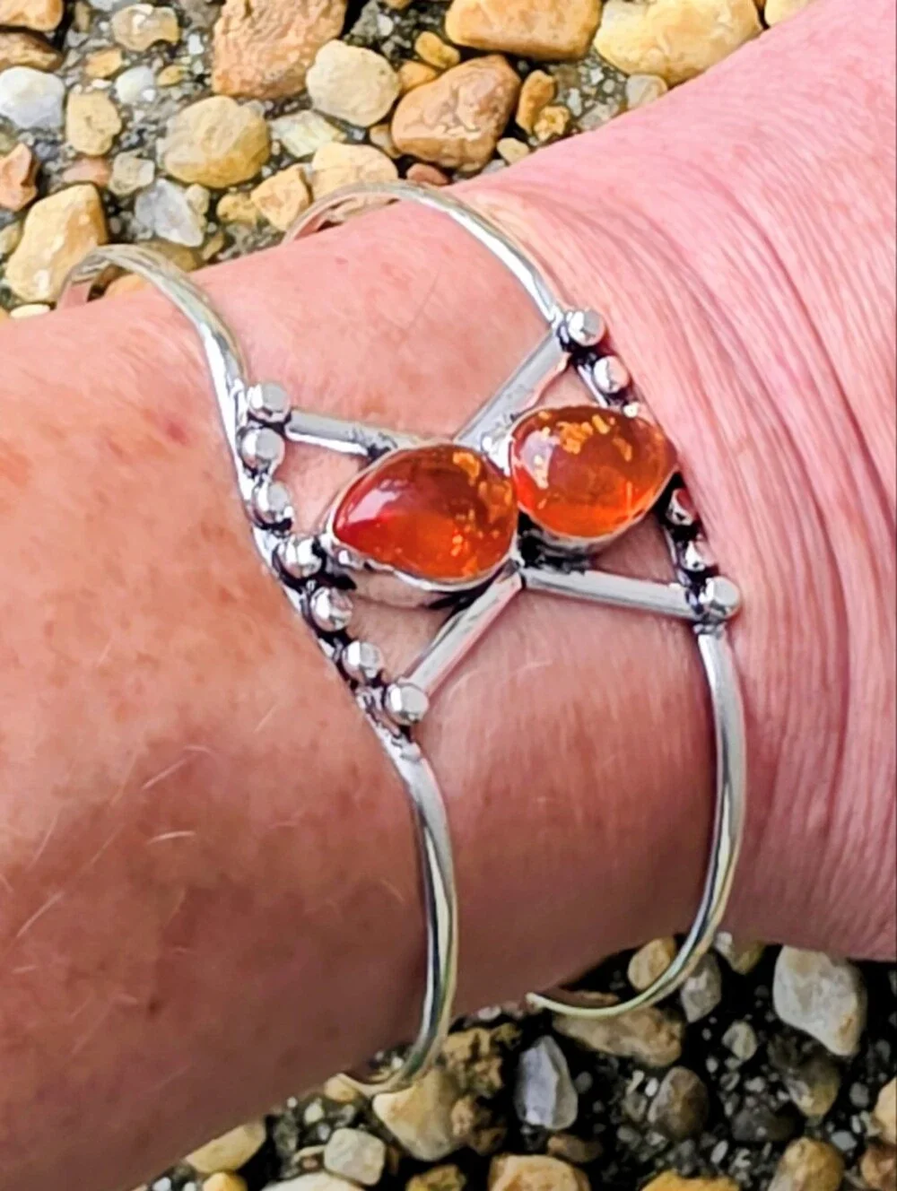 Baltic Amber Cuff Bracelet In 925 Sterling Silver (Adjustable)